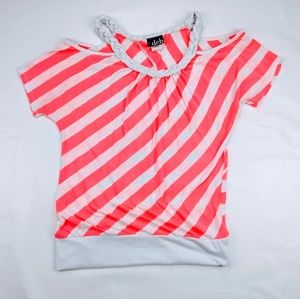 Deb Shirt Women's Small Striped Neon Pink Striped Open Shoulder Braided Neck